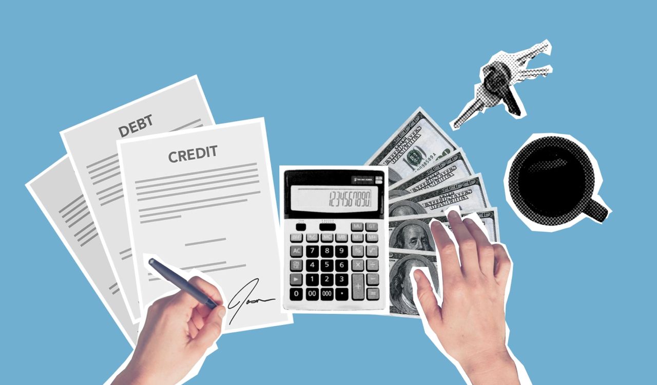 Services Top view of cutout paper composition of male signing credit paper while counting cash and apartment cost against blue background