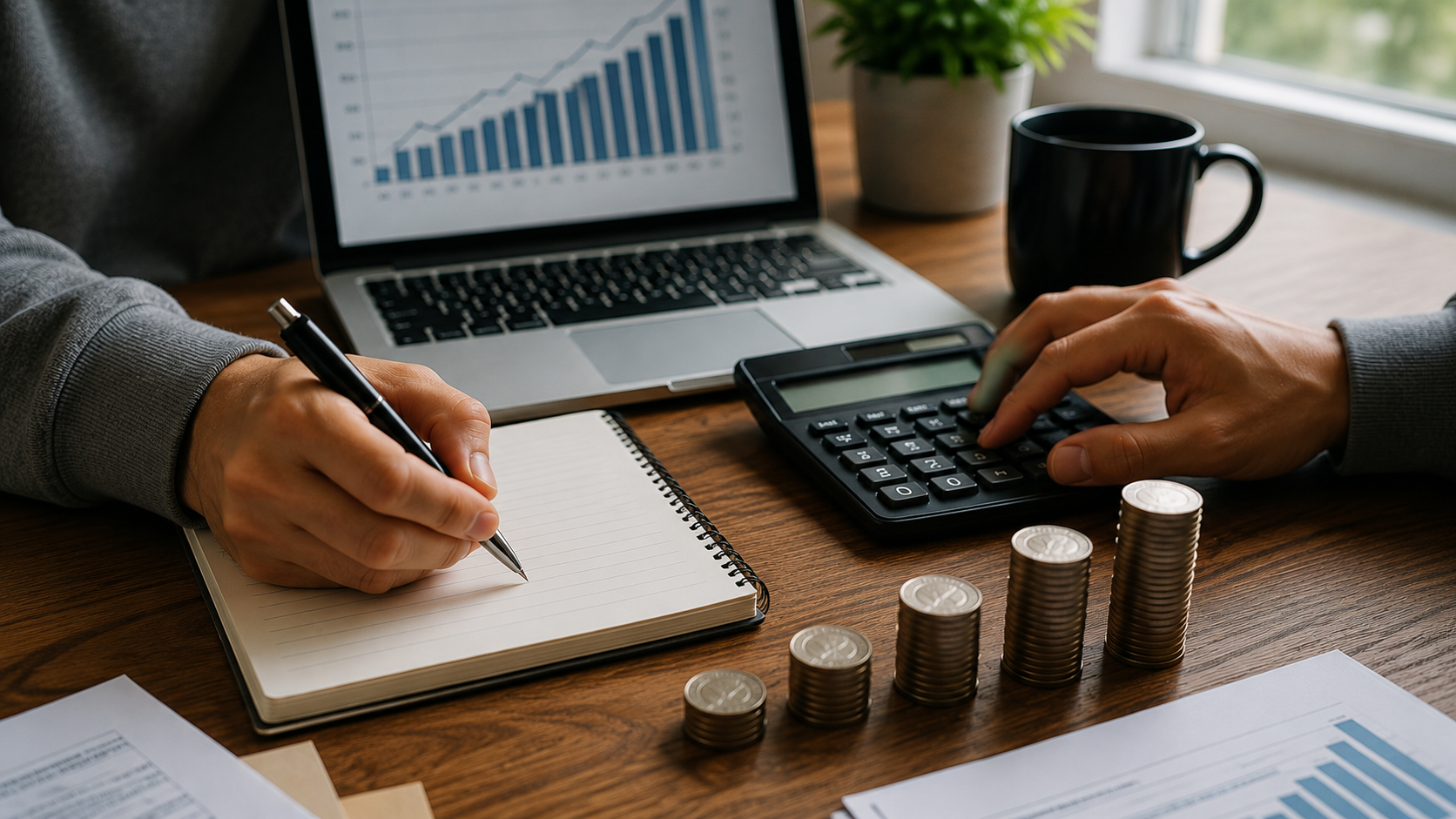 Freelancer calculating side hustle taxes with a calculator, notebook and coins