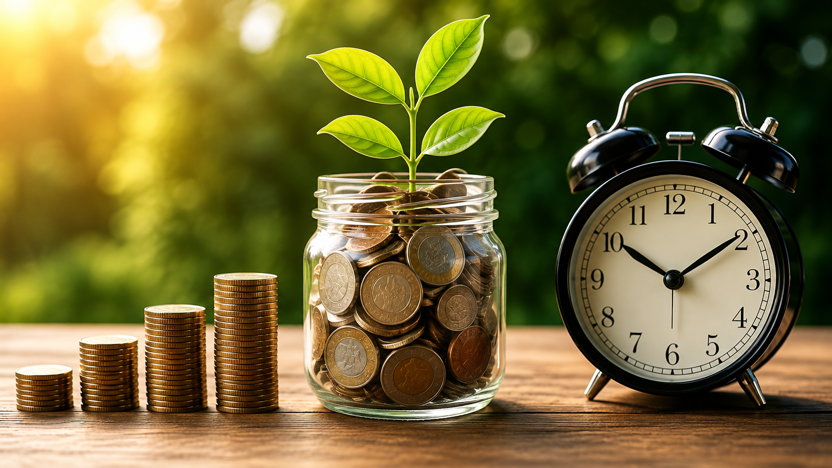 Jar of coins beside an alarm clock, representing money set aside for taxes over time