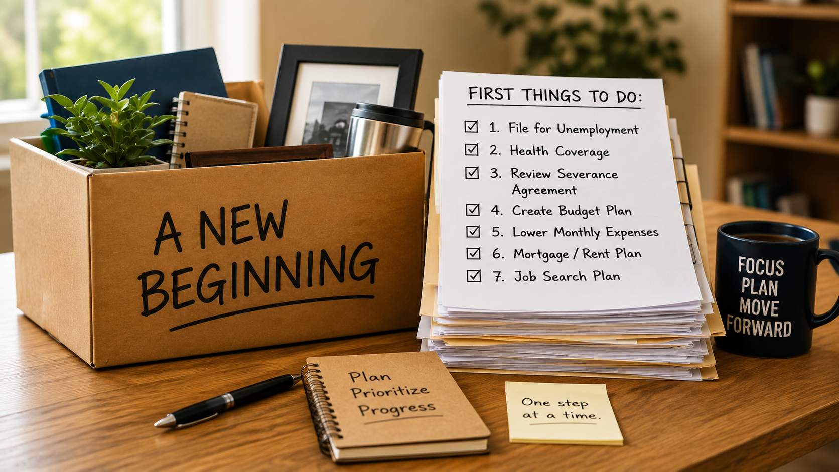 Cardboard box labelled A New Beginning beside a checklist of first steps after losing a job