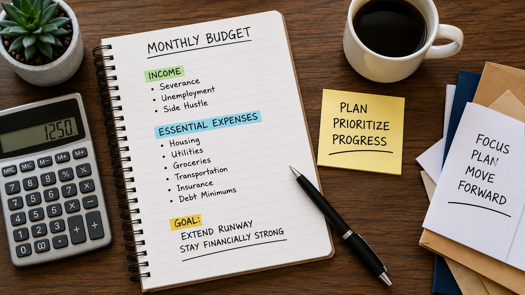 Notebook showing what to do when you lose your job: a monthly budget with severance and unemployment income beside essential expenses and a calculator