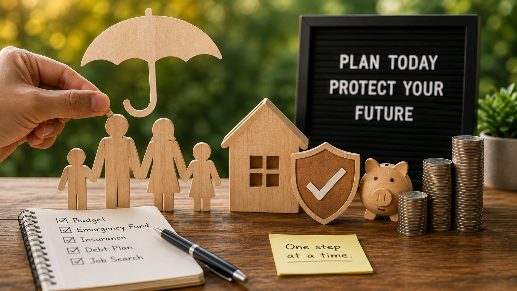 Wooden family sheltered under an umbrella beside a house, shield and rising coin stacks, with a plan today protect your future letterboard