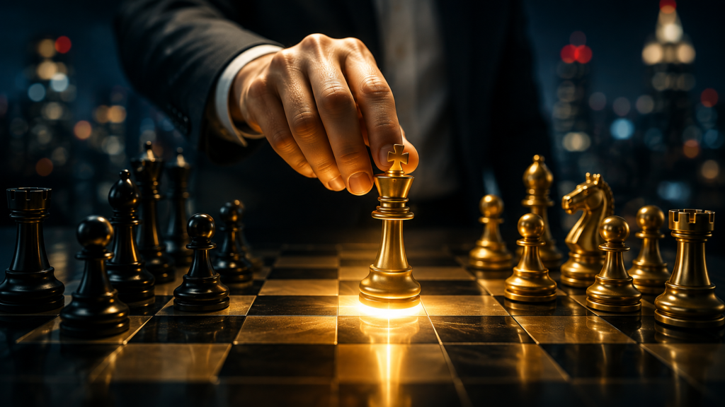 Hand moving a gold king on a chessboard, representing a single deliberate counter-offer