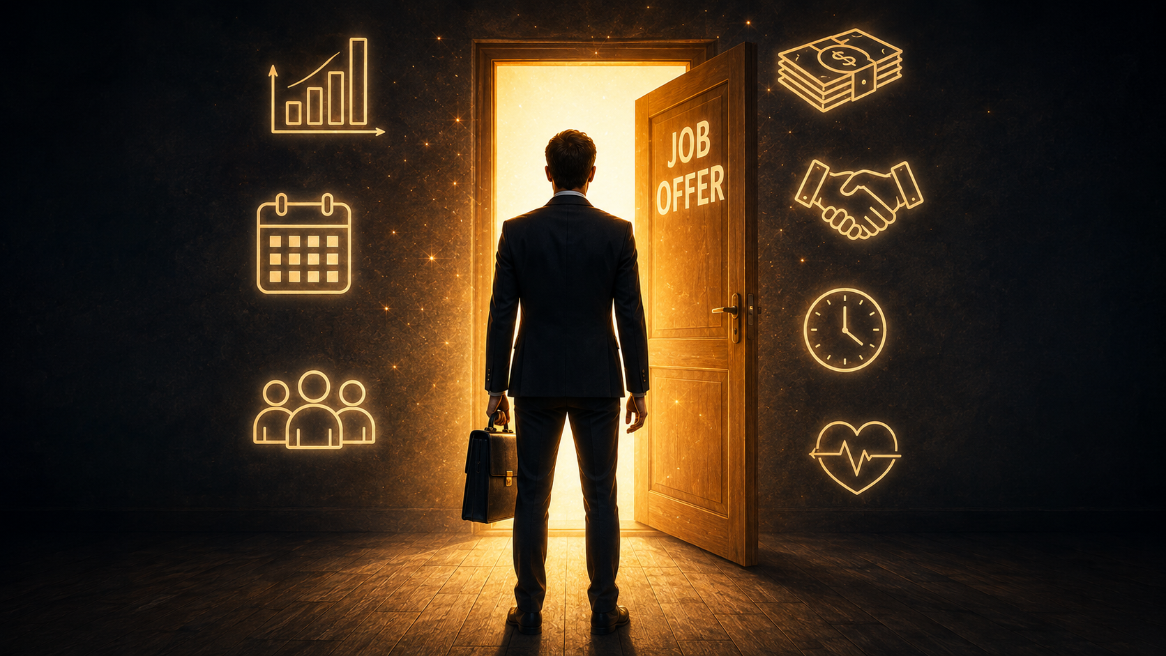 Job candidate at a glowing job offer door surrounded by icons for pay, benefits, holiday and start date