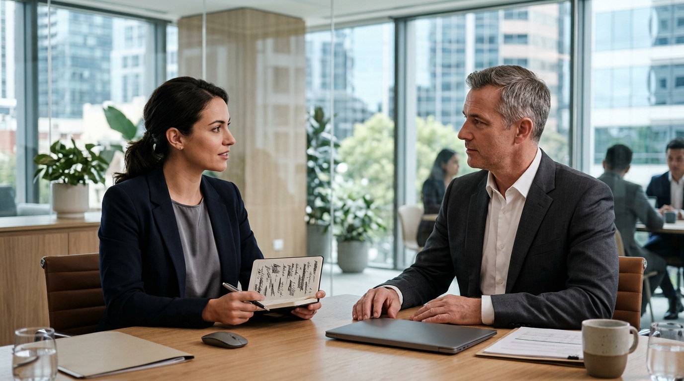 Employee negotiating salary with manager in corporate office